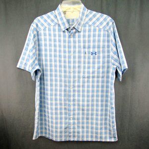 Under Armour Blue White Plaid Camp Shirt Mens Size L Fitted Button Up Outdoor